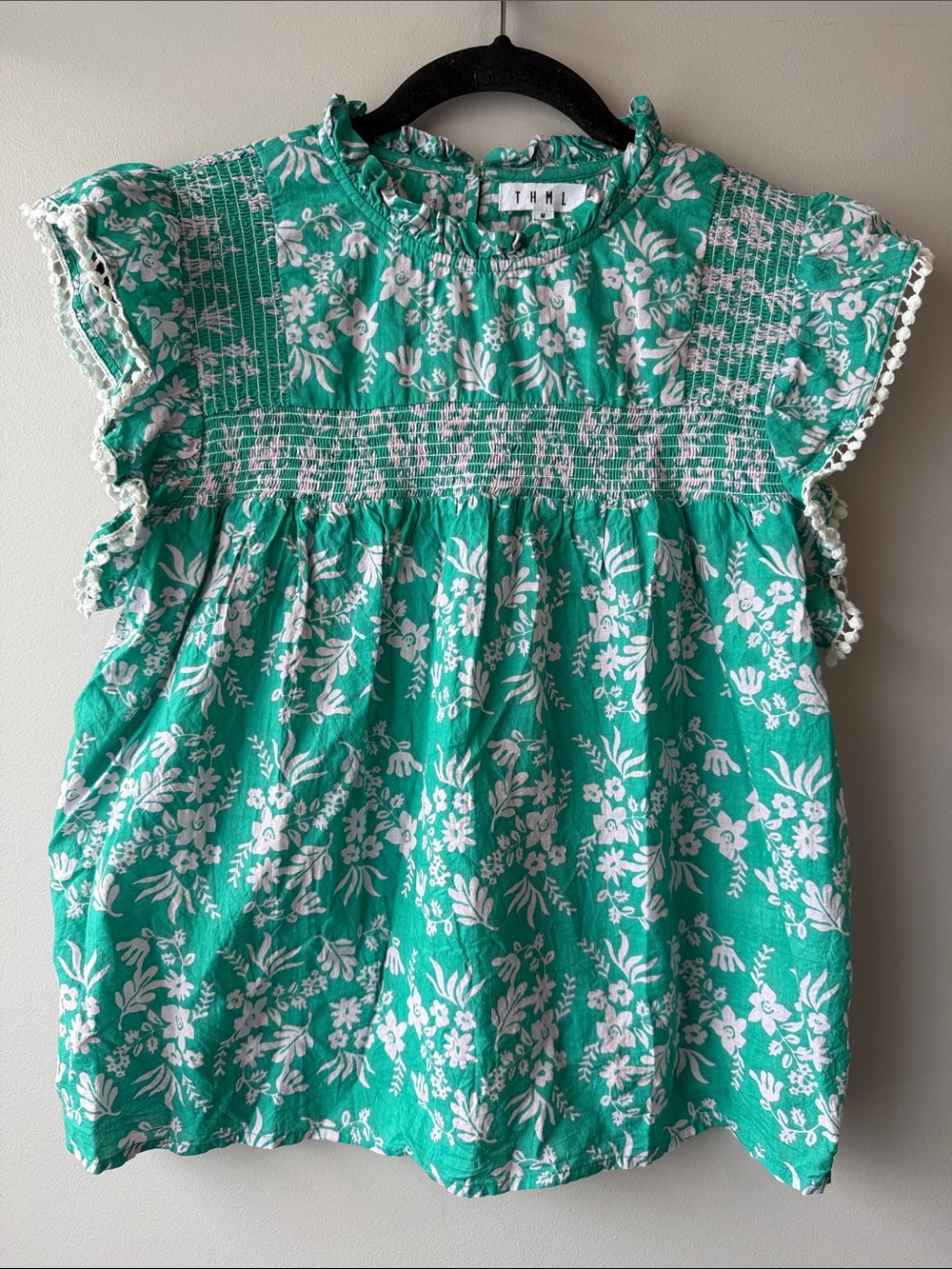 THML women’s Green Floral Smocked Blouse all cotton crochet sleeve M